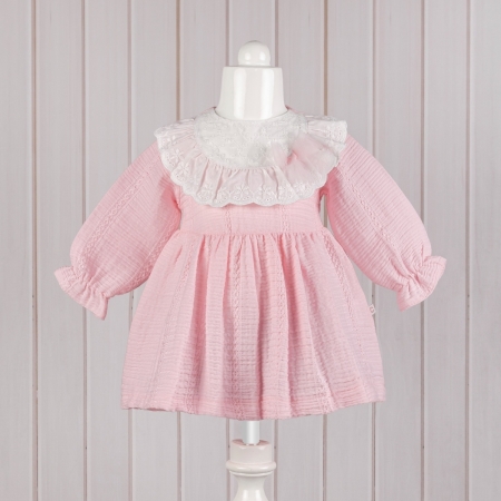 KIZ BEBEK 6-24 AY FİSTO YAKALI ELBİSE - PEMBE